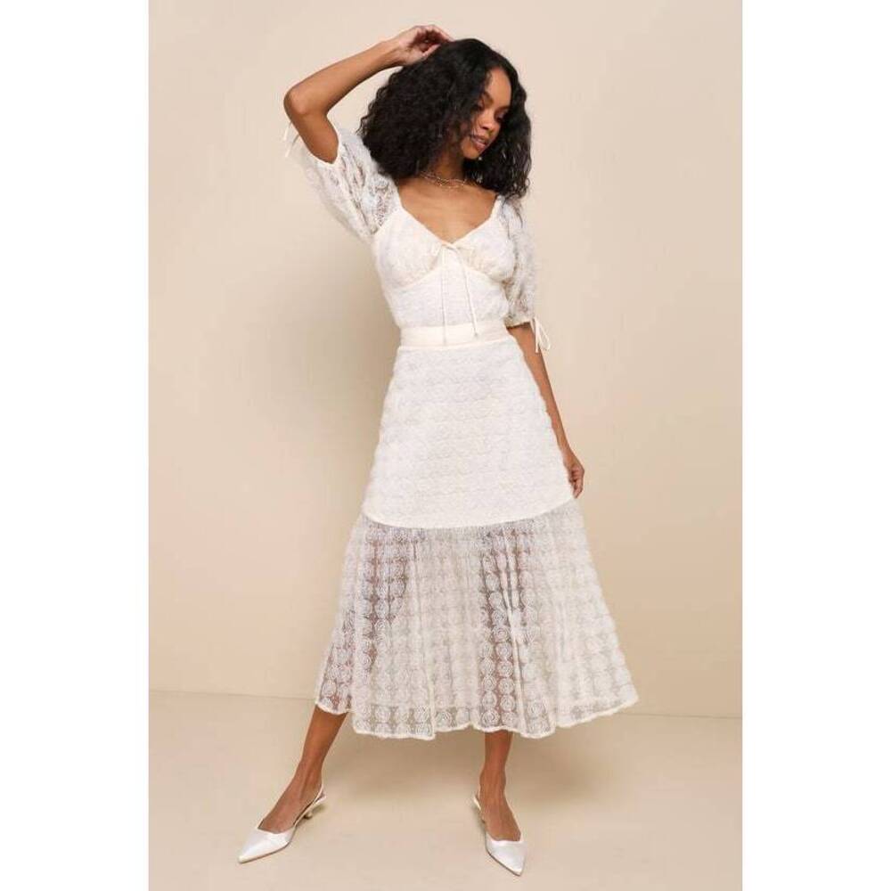 Lulus Ideal Adoration Cream Tulle Swiss Dot Rosette Midi Skirt White - Size S